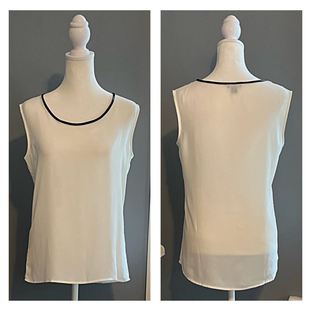 ANN TAYLOR PETITES Cream Ivory Scoop Neck Jersey Tank Shell Leather Trim Small